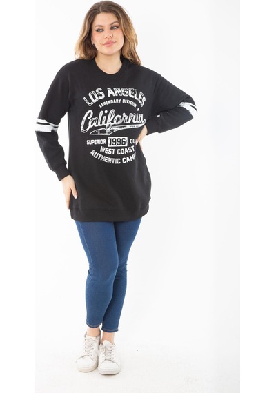 Şans Kadın Büyük Beden Siyah İçi Şardonlu Üç İplik Sweatshirt 65n37295-siyah Siyah