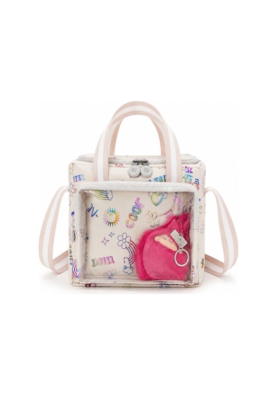 Çocuk Termal Okul Beslenme Çantası Şeffaf Cepli Peluş Aksesuarlı Omuz Askılı Lunch Bag Krem