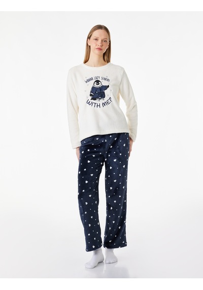 Koton Rahat Kesim Penguen Baskılı Polar Pijama Takımı Lacivert Desenli 6wlk40021mk