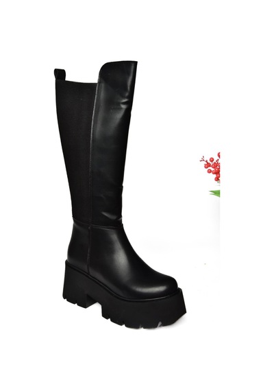 Fox Shoes R820060709 Siyah Kalın Tabanlı Arkası Lastik Detaylı Kadın Çizme Siyah