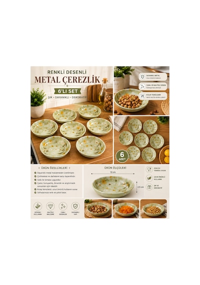 6 Lı Renkli Desenli Metal Çerezlik Seti Kuruyemiş, İkramlık Ve Atıştırmalık Sunum Kasesi Haki