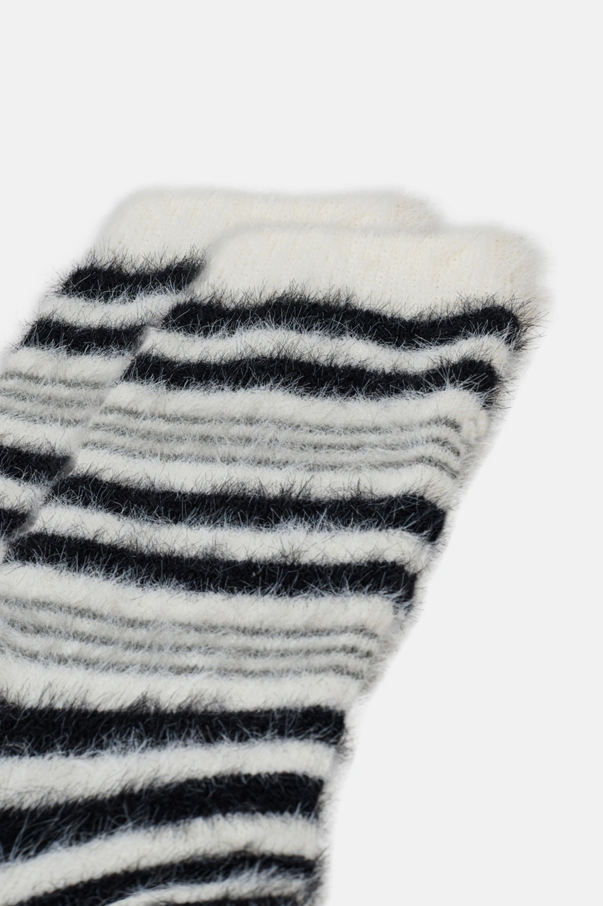 Suwen Fluffy Stripe Soket Çorap Sc1520249 Ekru / Siyah