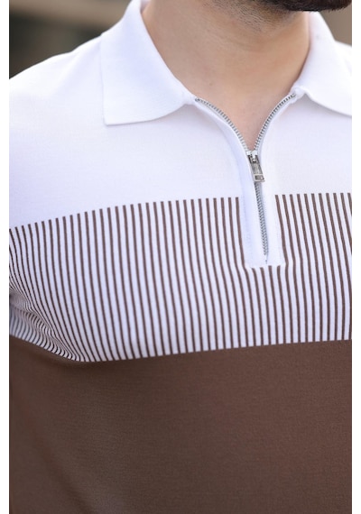 Madmext Vizon Renk Bloklu Polo Yaka Triko Erkek T-shirt E7409 Vizon