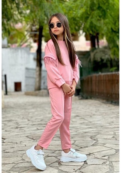 Modavals Tüy Detay Kollu Kız Çocuk Eşofman Takımı - Pembe