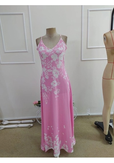 Valensdesign Kadın Askılı V Yakalı Desenli Uzun Süprem Elbise Pembe