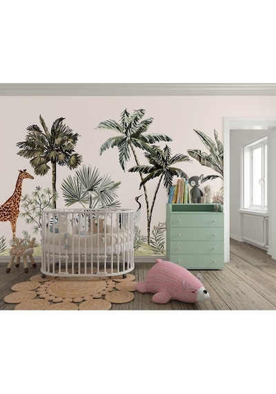 Ormanda Palmiyeler Altında Zürafa Zebra Fil Çocuk Odası Poster Duvar Kağıdı Renkli