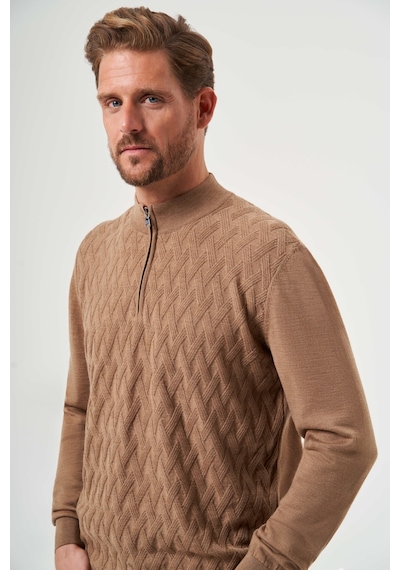 Bisse Camel Yarım Balıkçı Yaka Fermuar Detaylı Jakarlı Erkek Triko Tr23k23208 D70 CAMEL