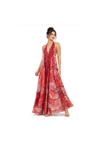 Lili Woman Kadın Kırmızı Ombreli Batik Desenli Halter Yaka Otantik Maxi Elbise Mo.melb01k
