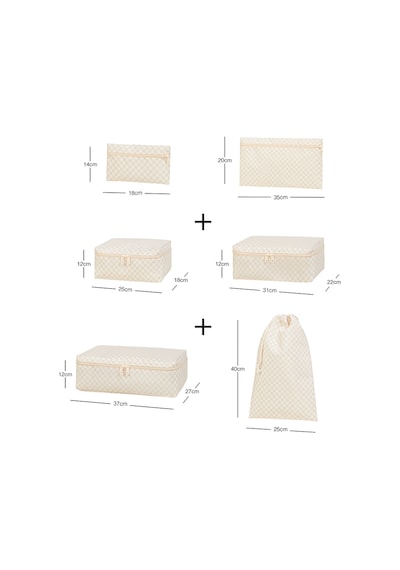 Ocean Home Textile 6'lı Yıkanabilir Bej Dama Desen Pamuklu Bavul İçi Düzenleyici Set Bej