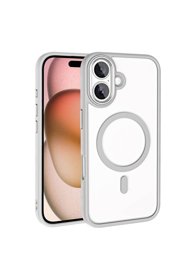 Apple Uyumlu iPhone 16 Plus Kılıf Wireless Şarj Özellikli Zore Krom M-safe Silikon Kapak Gümüş