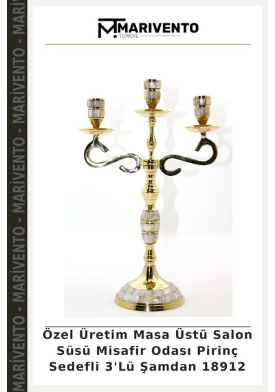 Özel Üretim Masa Üstü Salon Süsü Misafir Odası Pirinç Sedefli 3'lü Şamdan 18912 Çok Renkli