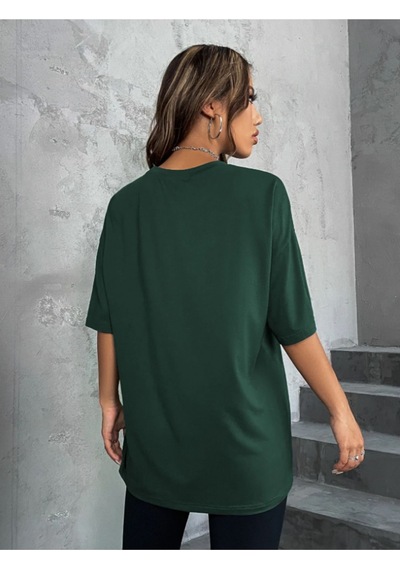 Kadın Yeşil Sanatsal Yıldız Ön Baskılı Oversize T-shirt Yeşil