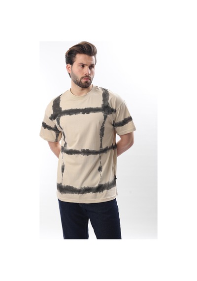 Madmext Bej Bisiklet Yaka Baskılı Basic Erkek T-shirt E7109 Bej