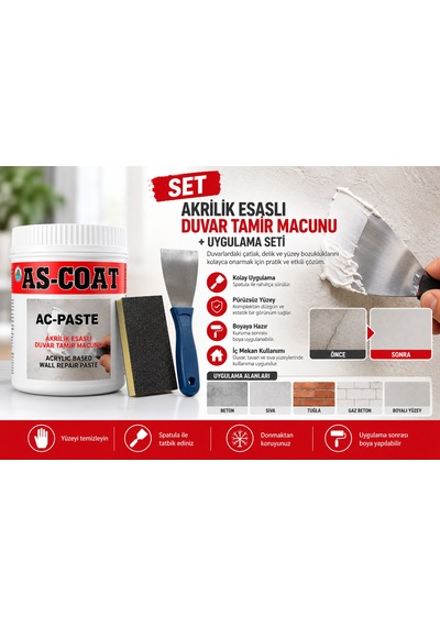 As-coat Ac-paste Akrilik Esaslı Duvar Tamir Macunu Uygulama Seti 1 KG