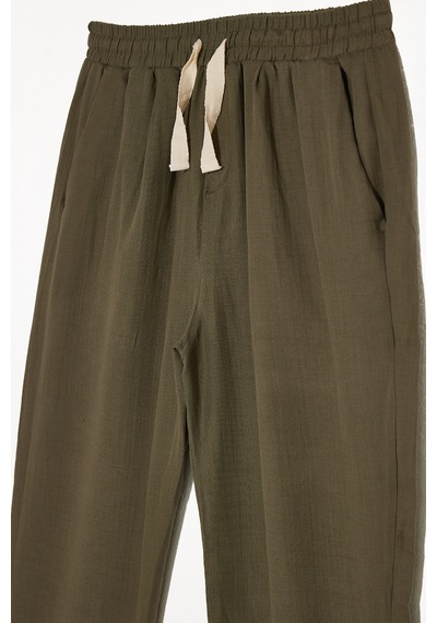 Tudors Erkek Baggy Fit Geniş Kesim %100 Pamuk Beli Lastikli Yandan Cepli Müslin Haki Düz Pantolon-46262 Haki