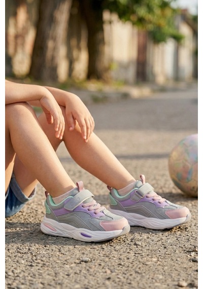In Step Pixel Fun Kız Çocuk Spor Ayakkabı - Gri Pembe Detaylı, Cırt Cırtlı Gri - Pembe