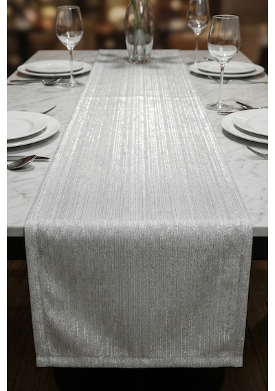 Lumen Serisi Simli Runner Gold / Silver , Premium Çeyizlik Lüks Şık Masa Örtüsü Runner 40x150 Cm Gümüş
