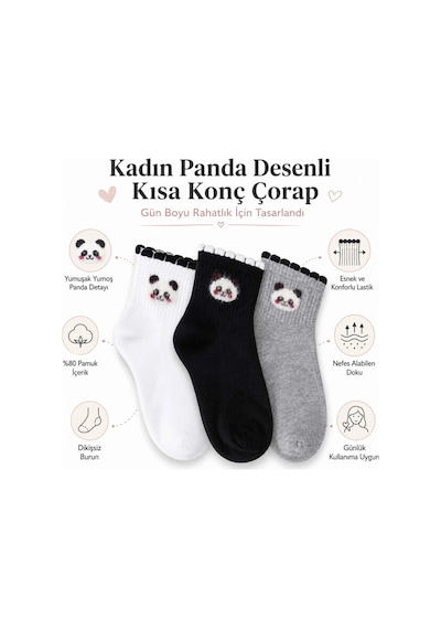 Genel Kadın Panda Desenli Kısa Konç Çorap 12'li %80 Pamuklu Dikişsiz, Siyah B Çok Renkli 12'li / 36-40