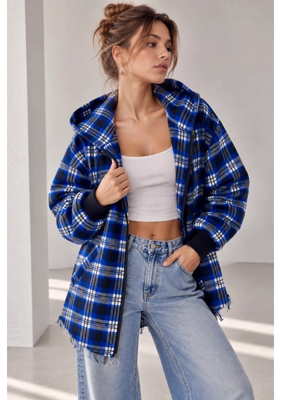 Bb Butik Basic Kapüşonlu Fermuarlı Oversize Ekose Oduncu Gömlek Ceket Kadın Rahat Mevsimlik Günlük Tr0935 mavi