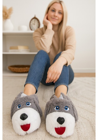 Modafrato Köpekli Peluş Unisex Hayvanlı Panduf Ev Ayakkabısı Pufidik Gri