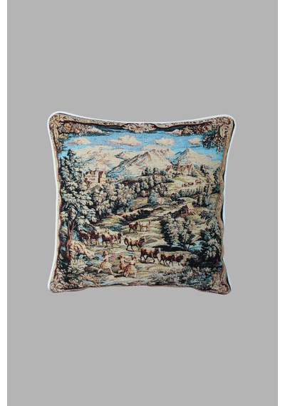 Kırlent Kılıfı Goblen Dokuma Kumaş - 45x45cm Çift Taraflı Biyeli Dekoratif Kırlent Kılıfı - Vs-304 Bej Renk Uyumlu Çok Amaçlı Yastık Minder