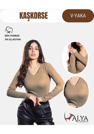 Alya Underwear Pamuklu Kaşkorse V Yaka Body Sweatshirt, Fitilli Kumaş Likralı Bluz, Asker Yeşili Badi Kahve Melanj