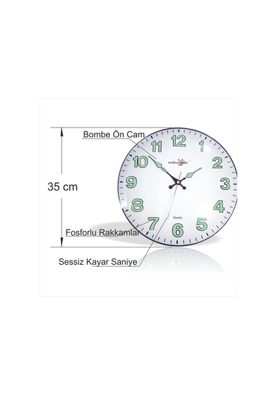 Yansıma Yapmayan Mat Beyaz Zemin Sessiz Fosforlu 35cm Duvar Saati Mat Beyaz