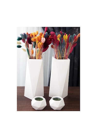 Geometrik Uzun Vazo 20 Cm Ve Geometrik Tealight Mumluk Set 4 Parça Ham Beyaz