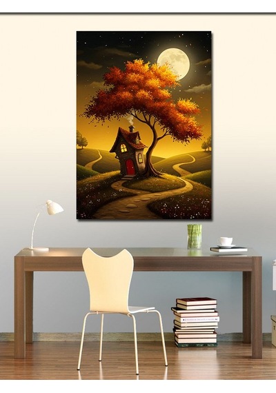Kanvas Tablo Ayışığı Altında Sihirli Ev Ve Ağaç 50cmx70cm