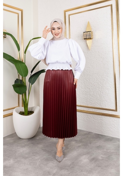 Hira Life Fashion Kadın Tesettür Giyim Ve Deri Görünümlü Beli Lastik Detayı İle Piliseli Uzun Etek Bordo Bordo Hira Life Fashion Kadın Tesettür Giyim Ve Deri Görünümlü Beli Lastik Detayı İle Piliseli Uzun Etek Bordo Bordo