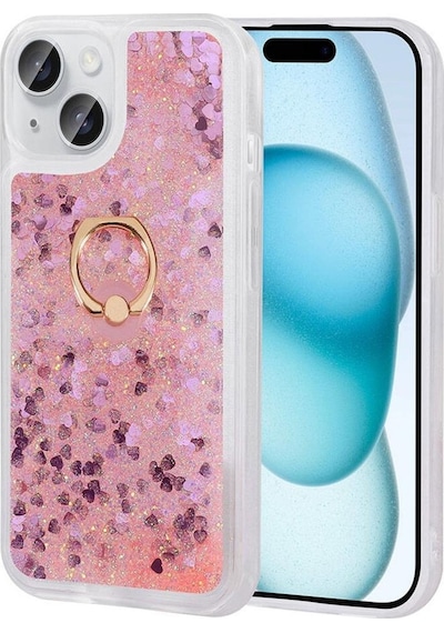 Apple Uyumlu iPhone 15 Kılıf Sıvılı Simli Pullu Yüzüklü Standlı Lüx Silikon
