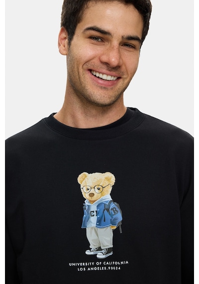 UCLA Rocky Siyah Bisiklet Yaka Pamuklu Baskılı Loose Fit Erkek Sweatshirt