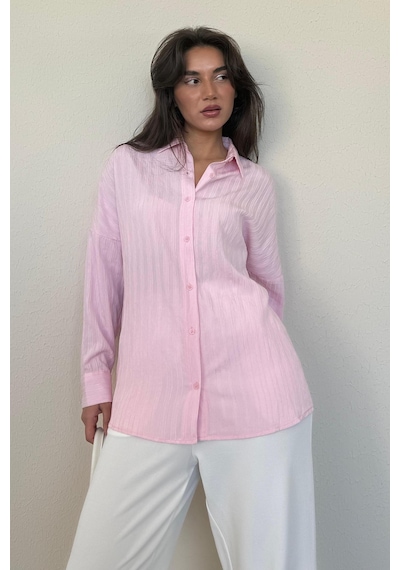 Madmext Pembe Uzun Kollu Çizgili Oversize Gömlek Mg2080 Pembe