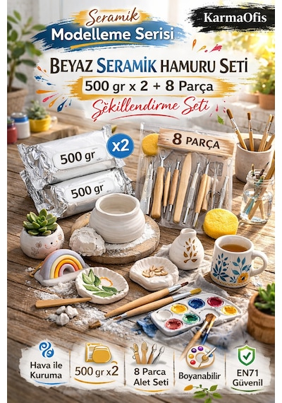 Beyaz Seramik Hamuru Seti 500 Gr X2 + 8 Parça Şekillendirme Aletleri Air Dry Kil Seti Krem
