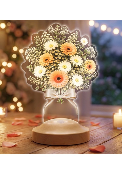 Beyaz Papatya Gerbera Şık Çiçek Buketi Led Lamba - Papatya Aranjmanı Tasarımlı Anneye, Sevgiliye, Öğretmene Ve Arkadaşa Anlamlı Hediye Papatya Gerbera Lamba