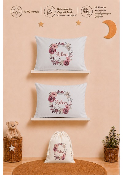 İsme Özel Kız Bebek Hediyesi 2 Adet 35x45 %100 Pamuk Yastık Kılıfı Ve Ham Bez Bebek Kıyafet Kesesi 1006y2kyx