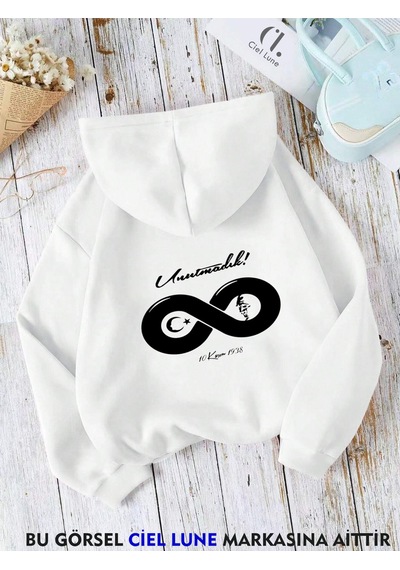 Nevermind Unisex 10 Kasım Unutmadık Baskılı Oversize Baskılı Kapşonlu Sweat Beyaz