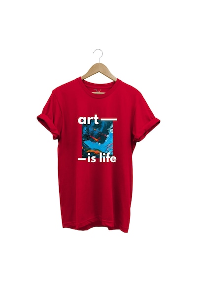 Sanatsal Renkli Tasarım Baskılı Art İs Life Yazılı %100 Pamuk Regular Fit Unisex T-shirt Kırmızı