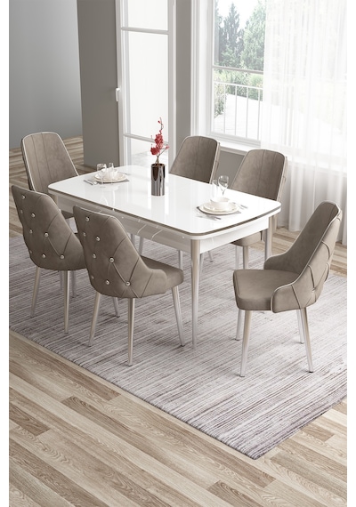 Canisa Tia Serisi 80x132 Açılabilir Mdf Mutfak Masası Takımı Beyaz Masa Krom Detay 6 Cappucino Sandalye Masa Beyaz Sandalye Cappucino Canisa Tia Serisi 80x132 Açılabilir Mdf Mutfak Masası Takımı Beyaz Masa Krom Detay 6 Cappucino Sandalye Masa Beyaz Sandalye Cappucino