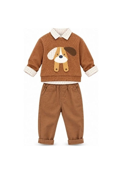 Zekids Erkek Bebek Köpek Aplikeli Kazak Gömlek Ve Pantolon Takım-17437 Kahverengi