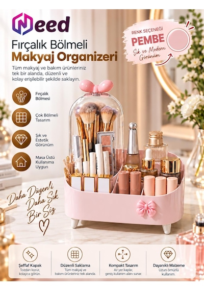 Need Şeffaf Kapaklı Toz Korumalı Fırçalık Bölmeli Makyaj Organizeri Kozmetik Düzenleyici Pembe Nd-8069-pnk