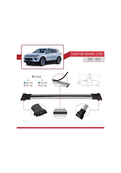Ssangyong Korando C300 2019 Ve Sonrası İle Uyumlu Fly Model Ara Atkı Tavan Barı Gri 3 Adet Bar