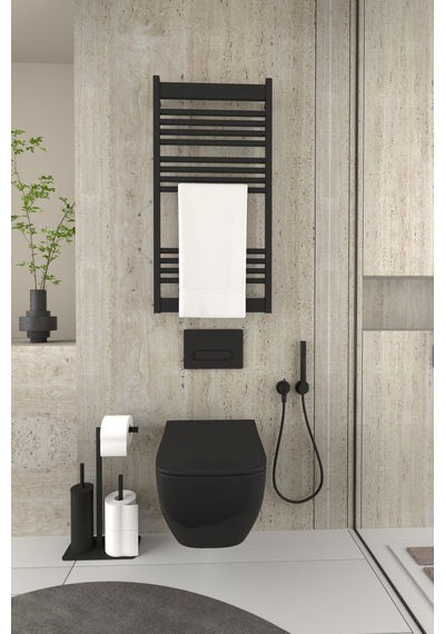Aju Tuvalet Kağıtlığı Yedekli Tuvalet Fırçası Standı Metal Ağır Devrilmez Modern Wc Kağıtlık Tutacağı Siyah