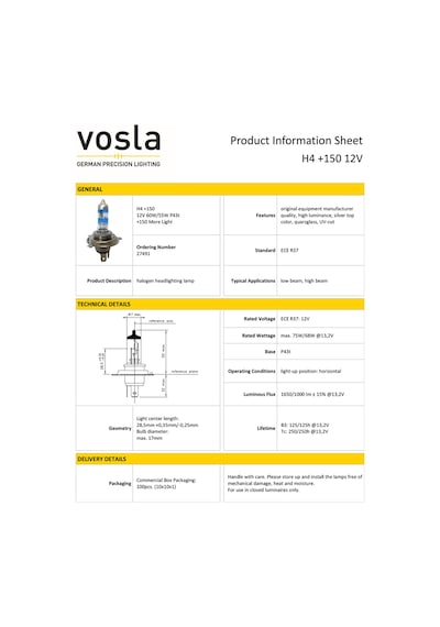 Vosla 12v H4 Ampul 60/55w +150 Fazla Işık P43t Vs27491 2 Li