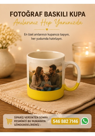 Renkli Detay Kişiye Özel Baskılı Kupa-3 Farklı Renk Seçeneği Sarı