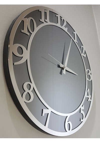 Ayna Denizi Silver Matris Smoked Model Gümüş Füme Renk 50 CM Dekoratif Aynalı Duvar Saati Gümüş