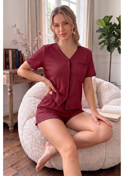 Bella Notte Bordo Kısa Kollu V Yaka Biye Detaylı Pijama Takımı