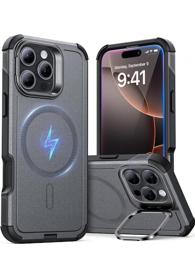 Apple Uyumlu iPhone Esr 16 Pro Max Kılıf Cyber Tough Halolock Magsafe Standlı Silikon Gri Apple Uyumlu iPhone Esr 16 Pro Max Kılıf Cyber Tough Halolock Magsafe Standlı Silikon Gri