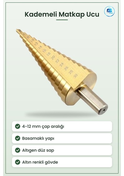 Kademeli Matkap Ucu 4 İle 12 Mm Arası Altın Renkli Basamaklı Çapl