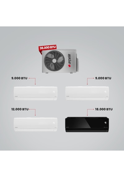 Arçelik 1+4 Multi Sistem 36100 MD Pro Dış Ünite 2 Adet 9.000 BTU Beyaz + 12 BTU Beyaz + 18 BTU Siyah İç Üniteler Duvar Tipi Klima